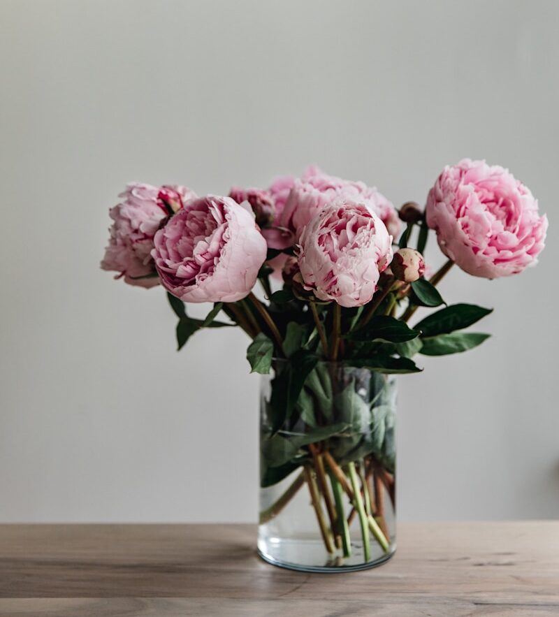 pink flowers in clear glass vase